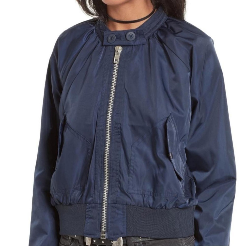 Free People Bomber Jacket Navy Blue Full Zip‎ Utility Moto Streetwear Fall Small